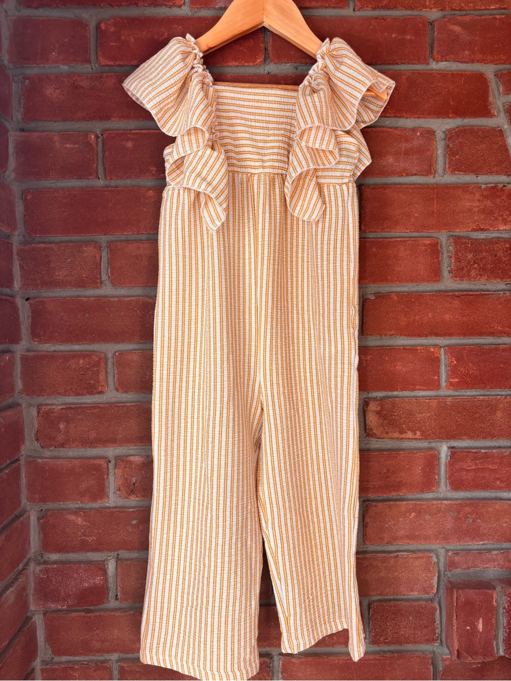 Zara Striped Ruffle Strap Jumpsuit in Mustard Cream